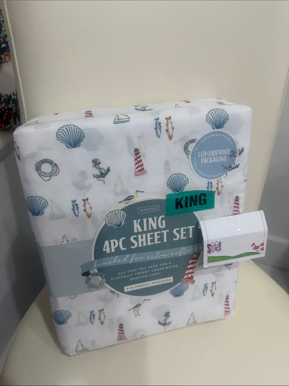 Envogue King Bed Sheet Set in White with Blue and Red Nautical Motifs